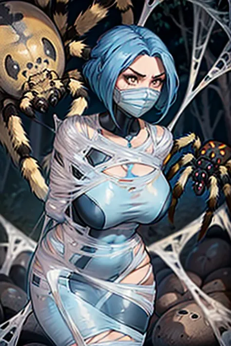 close up, (Upper Body: 1.4), erotic, dramatic pose, ((1 woman: 1.7 )), blue colored hair, (bob cut), ( center part), ((thick hair)), in her 20s, sexy, spider web, tied up, cocoon, bound, ((gagged: 1.4)), (slime) gag, silk, ((arms bound behind back: 1.4)), ...