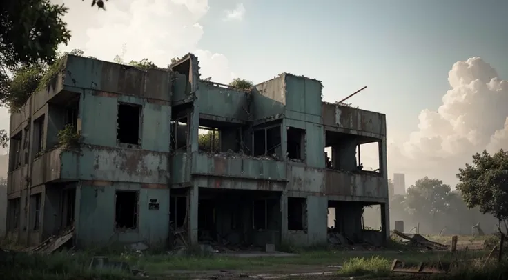 abandoned military base, personality: [Illustrate a shot of an abandoned high-tech military base, overgrown with vegetation. The buildings are partially destroyed, with broken windows and crumbling walls. The once imposing and powerful structure now stands...