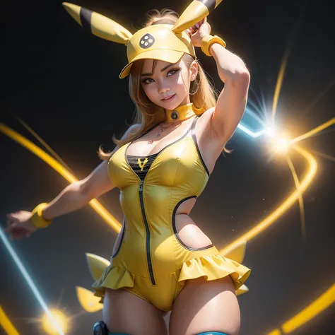 attract notice, Very realistic photo of a woman dressed as Pikachu from Pokemon, Vibrant expression of costume and electric background.