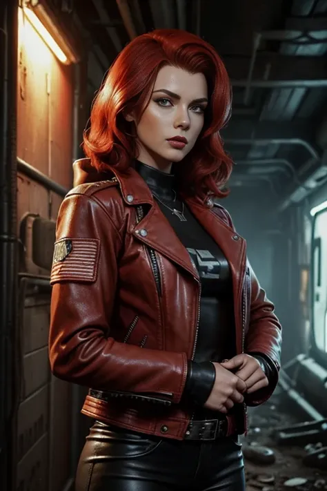 1 woman, wasteland outlaw, red hair, black leather jacket, patches, retrofuturism, fallout, 50s