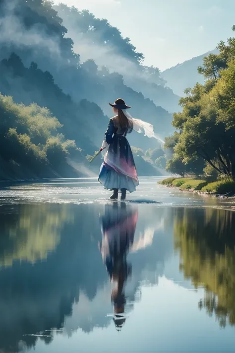 (watercolor style, spectral art) + majestic river overlooking the panorama + costume back (vista) + (flow + subtle reflection) + (blending + splashing) + (light and shadow clear + swaying dynamic)