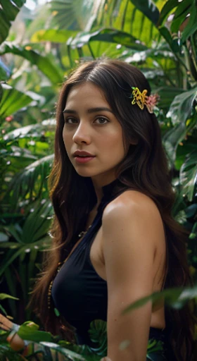 (best quality,ultra-detailed,photorealistic),young woman,beautiful eyes,detailed lips,pensive expression, soft lighting,vibrant colors, long flowing hair, stylish black  bodyhug outfit, jungle background,colorful flowers,natural sunlight,serene atmosphere,...