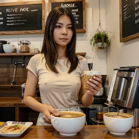 A lady holding a bowl of Laksa noodle , in a local coffee shop, and big wording of Good Bye 2023, the shop name Trusan Cafe