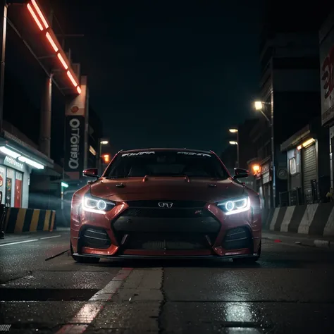 Turbo lowered car,3D rendering,shiny red paint,ultra-detailed body,aggressive front bumper,spoiler and body kit,stanced wheels,smoke from the exhaust,carbon fiber accents,deep rumbling engine sound,HDR,night cityscape background,neon lights streaking past,...