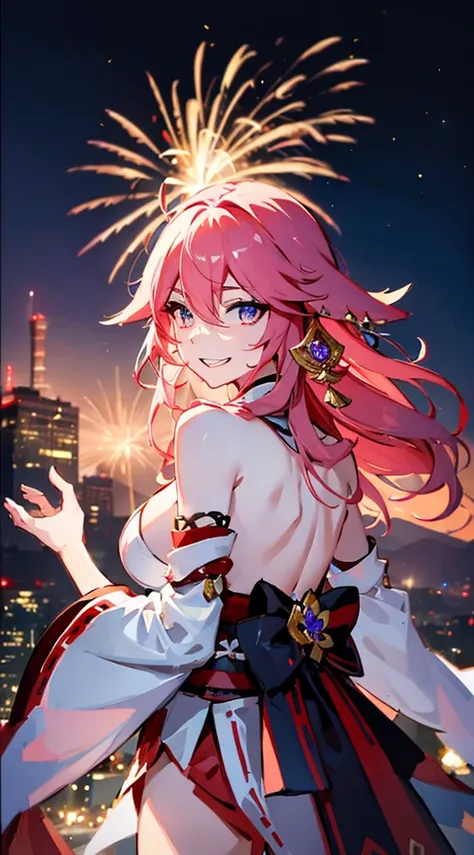 portrait,landscape,painting,illustration,yae miko, sleeves separated, strapless, (sideboob:1.45), pink hair, long hair, Japanese clothing,festive atmosphere,(grand fireworks display in the night sky),sparkling fireworks,mesmerizing colors,romantic ambiance...