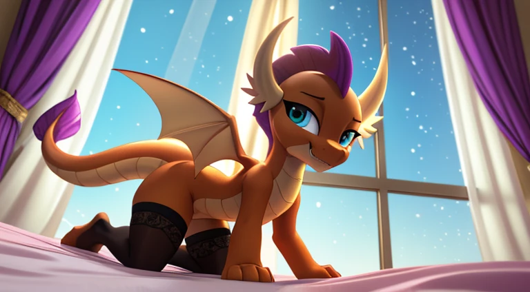 (Masterpiece, highly detailed, anime style render, slightly blurred background, cinematic light particles, front view:1.1, low angle perspective view:1.1), ((Smolder)), (scalie:1.2), (((short stack))), dragon girl, purple hair, solo, on all fours, on a bed...