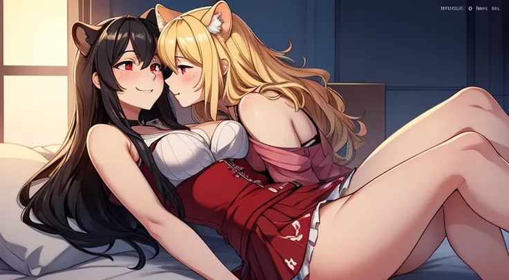 White girl , fit, blond long thick wild hair , smiling , blushing , small snow leopard ears , red eyes , suductive smile , freckles,  sexy pose , wearing a short skirt pussy out  , passionately kissing her sister who has snow leopard ears and black hair