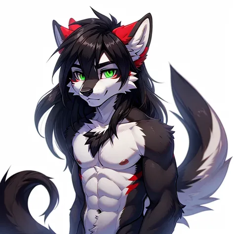 It&#39;s a furry mixed between wolf and lion. 
an animal of some sort with black and white fur and a large amount of red, 1boy, male focus, solo, green eyes, furry, tail, animal ears, white background, black hair, furry male, looking at viewer, colored scl...