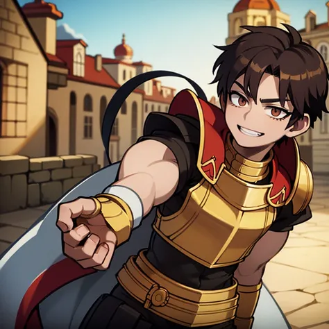 Anime image of a muscular boy wearing medieval knight armor, standing in a medieval village and smiling.