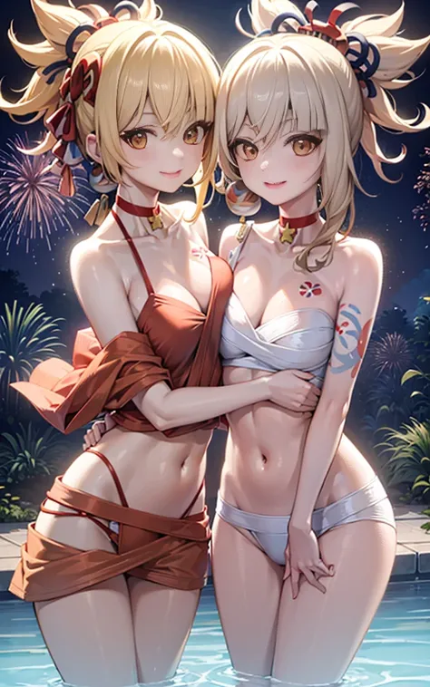 2 girls smiling in water in bathtub，No teeth exposed. Female twins， vibrant with colors，natural  lightting, Best quality at best, Chest to chest, Wrap your arms around each others waist, sunny masterpiece, Navel Exposed, Blushing, revealing navel in swimsu...