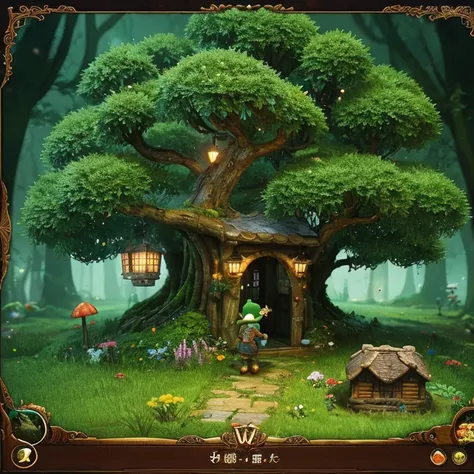 (((Fantasy world)))，（ln the forest），（World Tree），the leaves are overgrown，bru　樹The tree，樹The treeは苔むしている，mushroom，The tree漏れ日，small houses　The tree，Leprechaun，majority，Lively，（Fantastical）lapin，frog