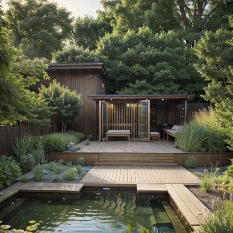 "Create an idyllic design for a small swimming pond nestled in a garden setting, complemented by a dedicated area for relaxation and the addition of a sauna for a perfect blend of tranquility and wellness."