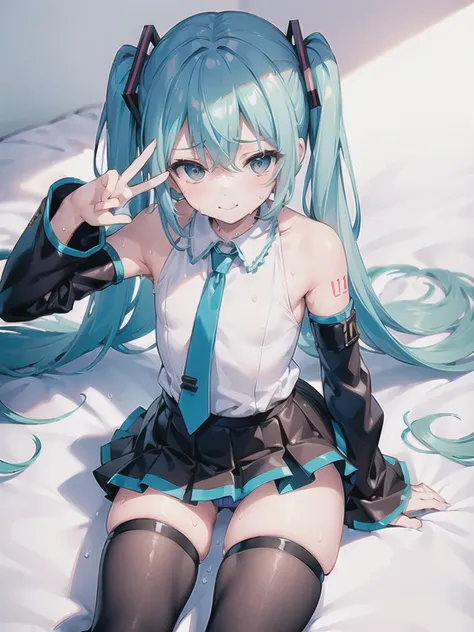 (((best quality, masterpiece, high resolution, ultra detailed:1.5))), 1 girl, ((hatsune miku)), (12 years old, cute girl, pretty girl), (teal twintalls, teal long twintall) BREAK (solid white blouse, solid white sleeveless clothe), BREAK (black independent...