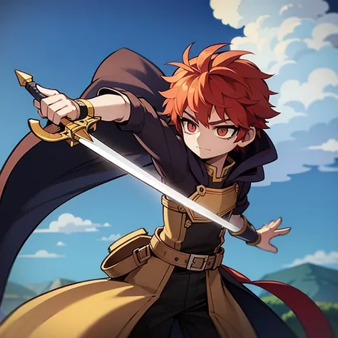 Anime image of a boy who has medieval clothes with a small cape and is holding a huge sword that is on fire