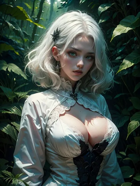 A woman, green eye, white hair, green forest, erotic, big tits, white clothes, darkness vibes