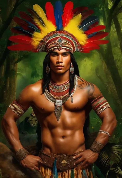 Painting of A strong and masculine young man ((man)), ((a most beautiful caboclo in the world)), 18 years old, indigenous, ((full body)), ((strong body, muscular legs)), ((headdress indigenous man with colorful feathers on his head)), long black hair, brai...