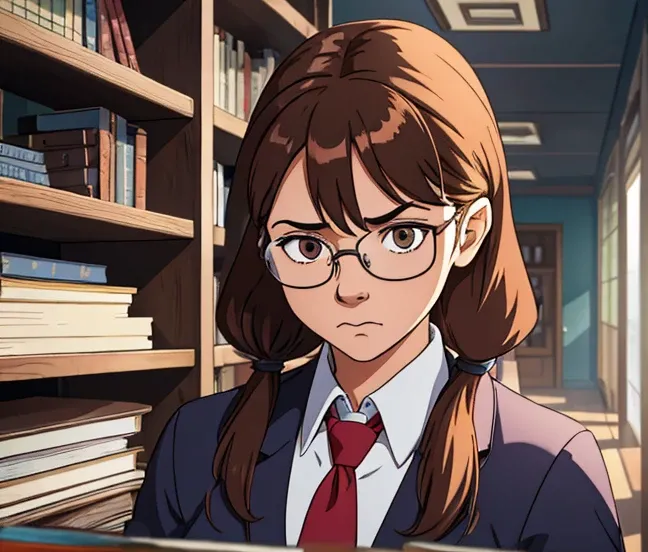 Female, high school student, brown hair pigtails, glasses, books, serious facial expression, white academy uniform, fantasy setting.