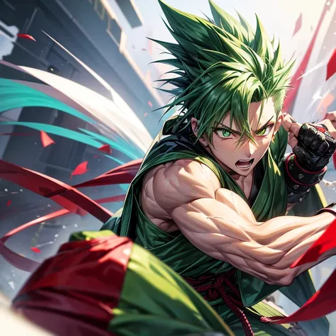 1guy light green hair spiked hair, crimson eyes, green martial arts gi, charging ki