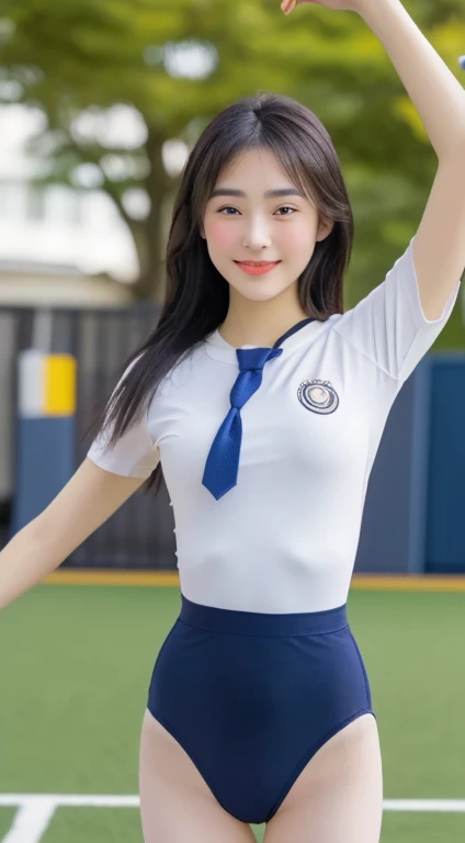 (​masterpiece:1.3), (8K, Photorealsitic, Photo taken outdoors on the artificial turf area of the schoolyard, Sunnyday, morning, Top image quality: 1.4), ((Photo of a beautiful 17-year-old fair-skinned Japanese high school girl in gym uniform with a beautif...