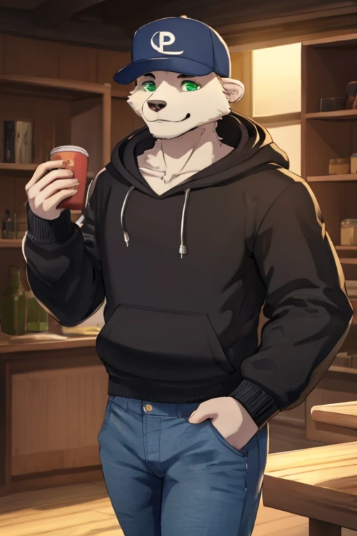 a short thin White furred Polar bear wearing a black hoodie jeans and a denim baseball cap with green eyes SFW