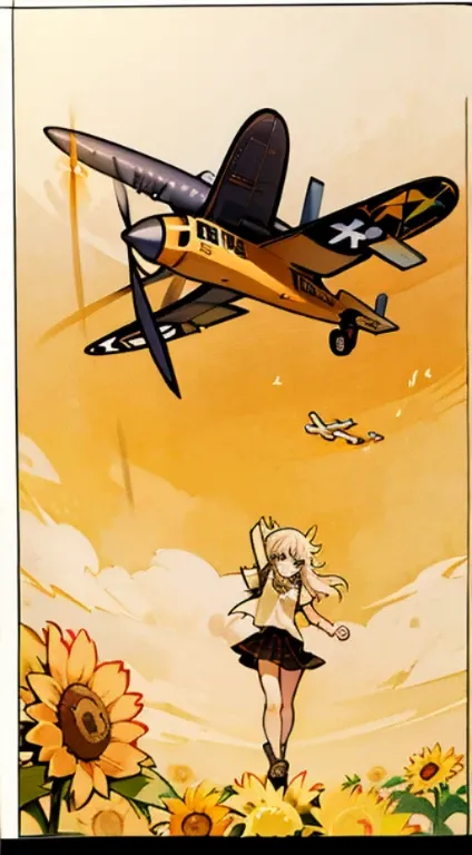 A masterpiece image of a girl in an open field, walking and one airplane (((P-51 Mustang))) passing over her head, 1944, sunflower field, view from below and from her back