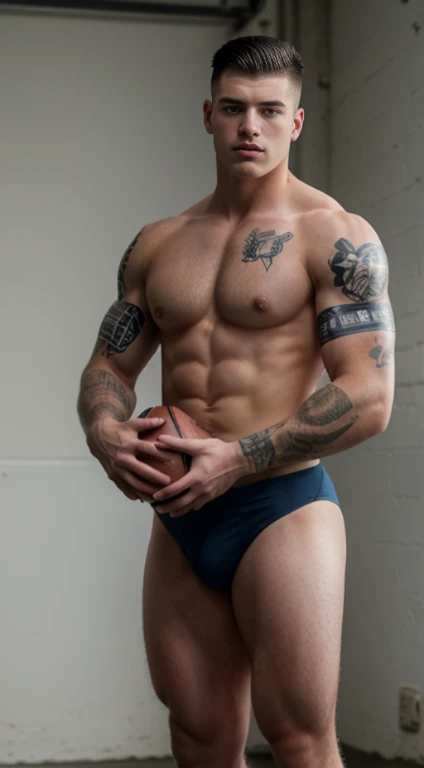 White young man american football player, 18 years old, low taper fade haircut, black hair, blue eyes fixed, intense gaze, affiliated features, no facial hair, height 1.93, weight 100 kg, aesthetic muscular build, broad shoulders, V-shaped body, full body ...