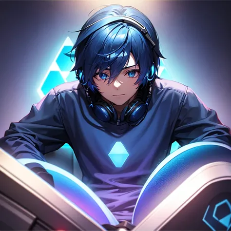 Anime boy gamer with blue headphones in a dark blue painted room with rainbow hexagon lights on the walls (anime) (masterpiece)