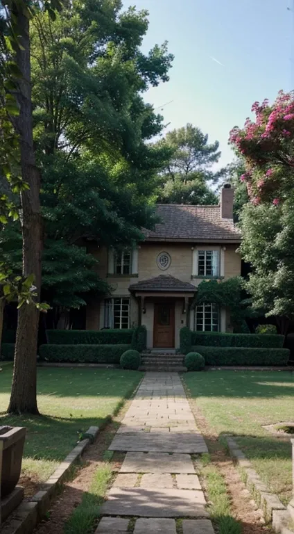 House in the center around many trees and beautiful garden