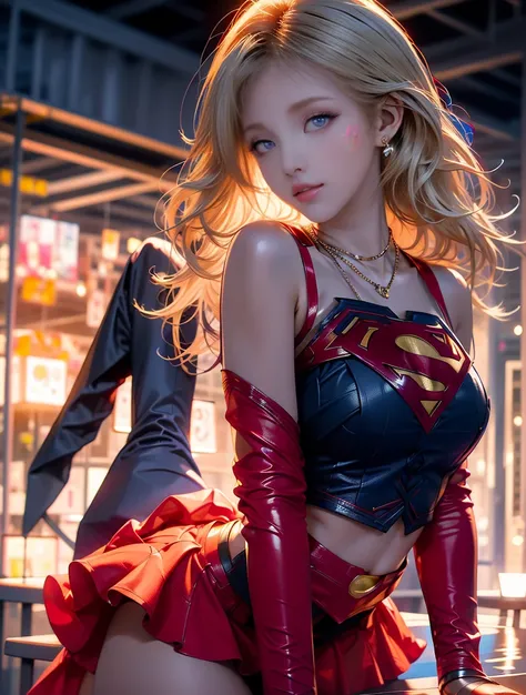 masterpiece, 4k, 8k, high quality, highly detailed, detailed face, HDR, vivid colors, natural lighting, Best Shadows, Shallow Depth of Field, Portrait of (Supergirl:1.1) standing on a rooftop, smiling, red skirt, red cape, red boots with heels, delicate, a...