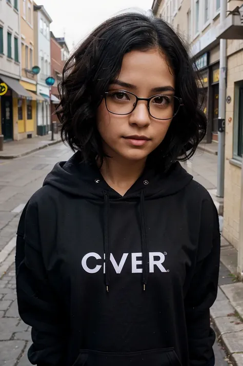 Alex, petite Latina, wearing glasses, short wavy black hair, hair covering one eye, looking down, opened black hoodie, upper body, town background