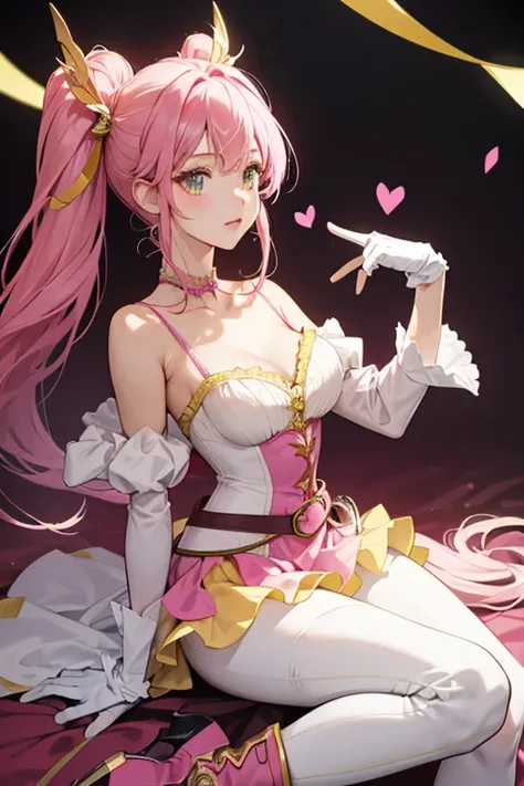 her dress turns pale yellow and gains green lining and detail, the collarbone fabric is now dark pink. Her ribbon turns yellow and the heart is hot pink. Her sleeves change shape and have a trim of white points, while her skirt grows out in length with an ...