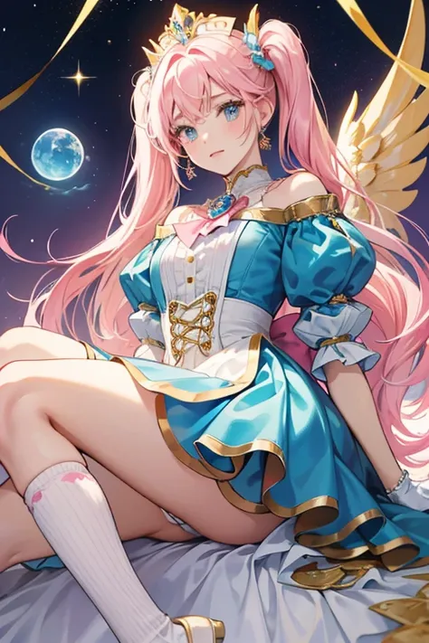 her hair lengthens into long pigtails and turns sky blue with a light pink ombre at the bottom. There is also a thin pink streak in the middle of her bangs. On top of her head are a pair of big white wing-like clips with gold lining and two small blue bows...