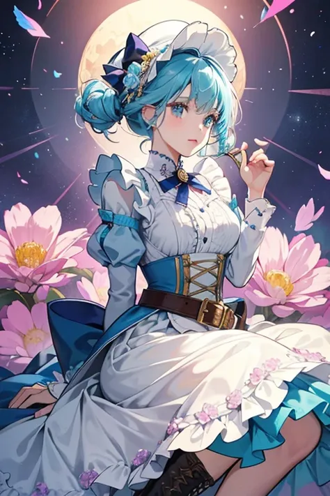 her hair lengthens while the blue ruffle on her hairpiece grows in size, resembling a hat. On top of it is a turquoise ribbon with blue, purple, pink, and yellow flowers resting on it. Her dress turns light blue with the sleeves lengthening and the holes o...