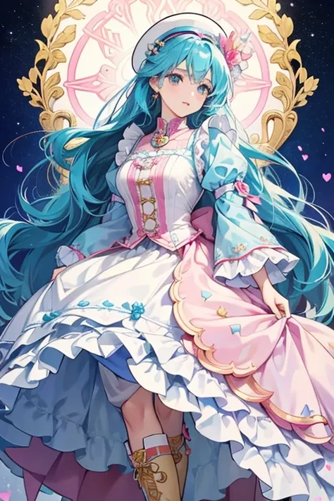 her hair lengthens while the blue ruffle on her hairpiece grows in size, resembling a hat. On top of it is a turquoise ribbon with blue, purple, pink, and yellow flowers resting on it. Her dress turns light blue with the sleeves lengthening and the holes o...