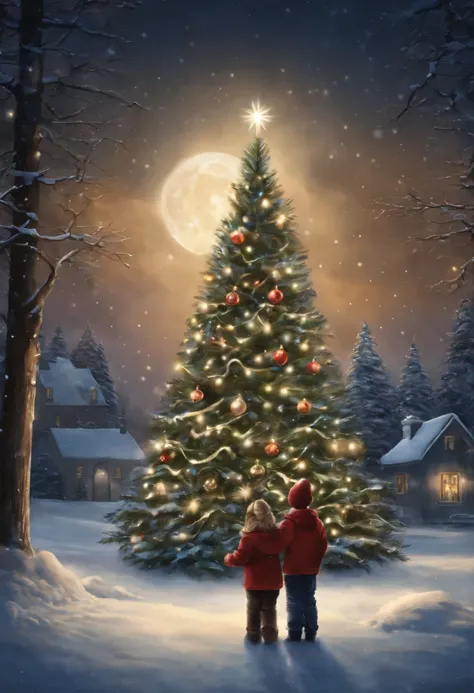 there are three children standing in front of a christmas a tree, under the quiet night sky, holiday season, christmas night, christmas a tree, photo illustartion, The lights are on, a trees, Robert Childress, A hyper-realistic, true realistic image, Snow ...