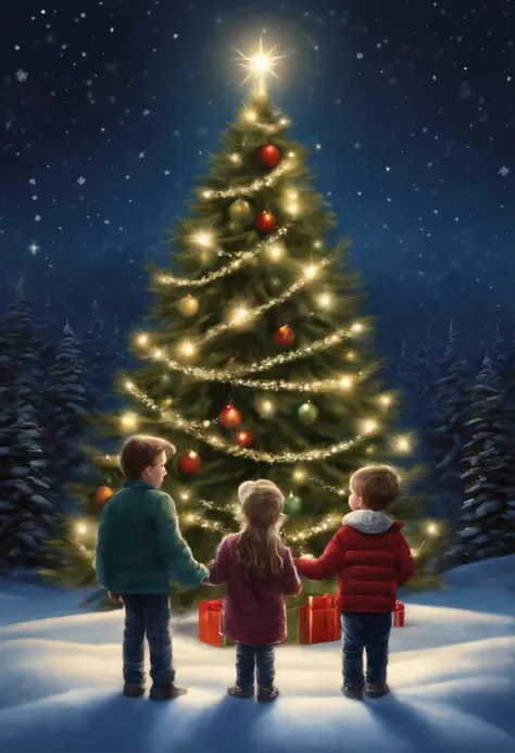 there are three children standing in front of a christmas a tree, under the quiet night sky, holiday season, christmas night, christmas a tree, photo illustartion, The lights are on, a trees, Robert Childress, A hyper-realistic, true realistic image, Snow ...