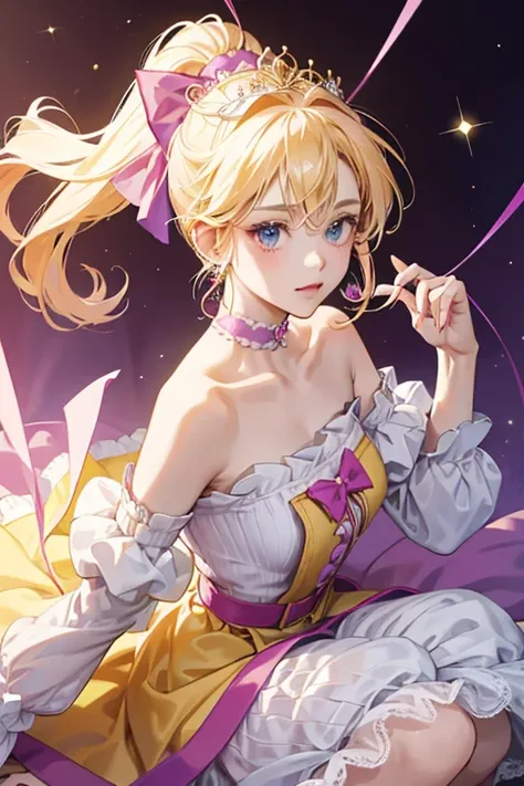 her hair turns blonde and is styled into a loose ponytail held by a white ruffle band with red, purple, and green konpeitos decorating it. She wears a purple tiara-like headband with a heart and small crown in the center and her earrings are magenta sphere...