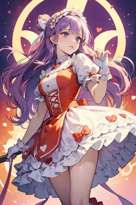 her hair grows longer and decorated with red hearts. She has a pale purple headband with a larger purple ribbon above it with a strawberry in the middle and orange half-circles on each side. Her bodice is white with puffy purple sleeves and a white collar....