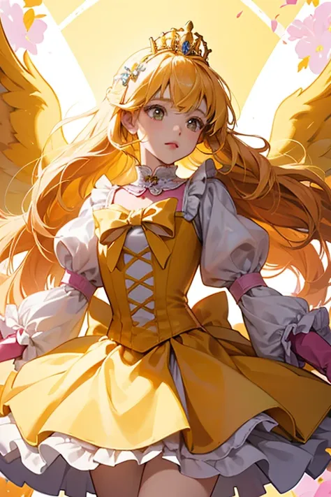 her outfit contains elements of Cure Sunshines Super Silhouette form. Her hair grows longer and she gains a small gold tiara with a yellow heart in the middle. Her dress becomes lighter in color and she gains puffy sleeves similar to Cure Sunshines. On top...