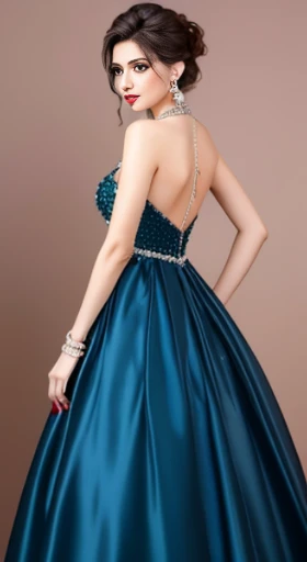 Lebanese lady, diamond dangling earrings, necklace, bracelets, small breasts, 40 years old, smokey eyes, cleavages, red lips, innocent face, random colored fashion ball gown, stylish hairstyle, posing, modeling, back view