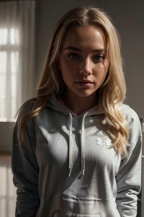 photorealistic, best quality, hyper detailed, beautiful woman with natural blonde hair, photo, full body, solo, wearing a black under armour hoodie and white sweatpants,(comfortable), skin texture, film grain, close up, ultra high res, best shadow, RAW, in...