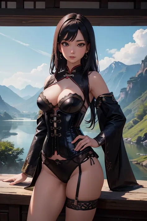 sexy beautiful woman in a corset, Ancient Chinese scenery, mountains, rivers, auspicious clouds, sunshine, masterpieces, super detail, epic composition, ultra HD, high quality, extremely detailed, official art, unified 8k wallpaper, Super detail, 32k -- v ...