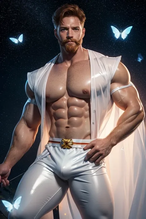 Sailor moon male version , dynamic pose ((muscle man , abs , 50 years old , ginger beard , oil , freckles , short hair , Brown eyes , hair chest , wearing a sailor moon outfit in latex plastic)) in white  background (iridescent , lights , stars lights , fl...