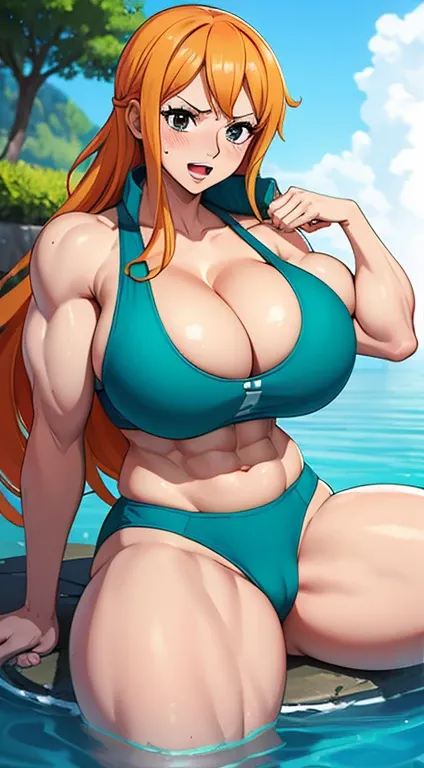 Nami，One Piece，（Smirk，open mouth），blush，sitting in water throne，tmasterpiece，Huge stacked breasts，The kinky is exposed ，（Surreal breasttremely full breasts）），（（Super large）），Big breasts Thin waist，（（（Extremely large breasts））），seductiv，High detail，hyper qu...