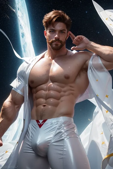 Sailor moon male version , dynamic pose ((muscle man , abs , 50 years old , ginger beard , oil , freckles , short hair , Brown eyes , hair chest , wearing a sailor moon outfit in latex plastic)) in white  background (iridescent , lights , stars lights , fl...