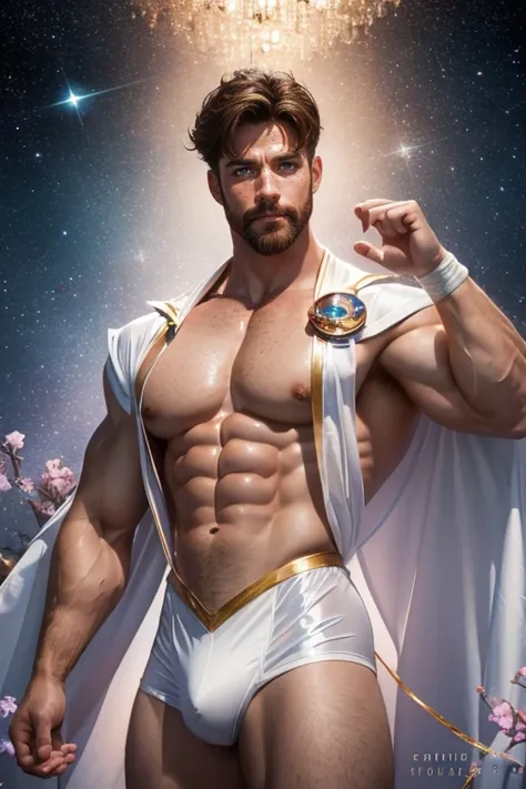 Sailor moon male version , dynamic pose ((muscle man , abs , 50 years old , big bulge , ginger beard , oil , freckles , short hair , Brown eyes , hair chest , wearing a sailor moon outfit in latex plastic)) in white  background (iridescent , lights , stars...