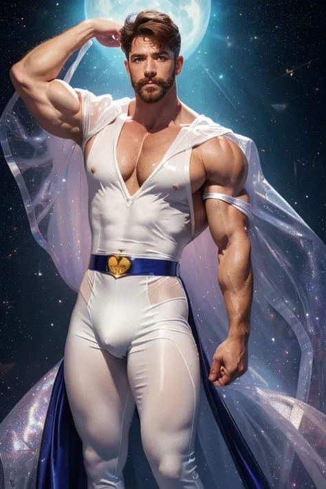 Sailor moon male version , dynamic pose ((muscle man , abs , 50 years old , big bulge , ginger beard , oil , freckles , short hair , Brown eyes , hair chest , wearing a sailor moon outfit in latex plastic)) in white  background (iridescent , lights , stars...