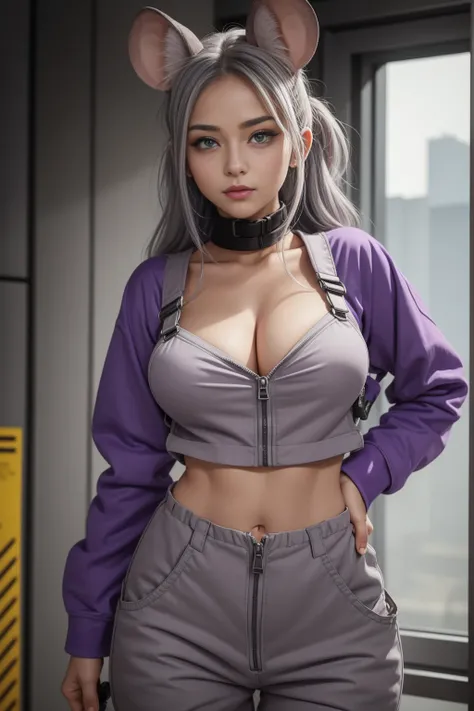 A beautiful, fit, grey skinned mouse girl wearing a purple set of utility overalls unzipped to her midriff. She is covered in grey fur and her face is very mouse-like with a long muzzle and a pink mouse nose. She has mouse ears. She is very sexy and cute a...