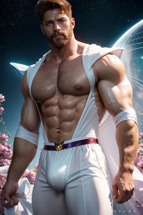 Sailor moon male version , dynamic pose ((muscle man , abs , 50 years old , big bulge , ginger beard , oil , freckles , short hair , Brown eyes , hair chest , wearing a sailor moon outfit in latex plastic)) in white  background (iridescent , lights , stars...