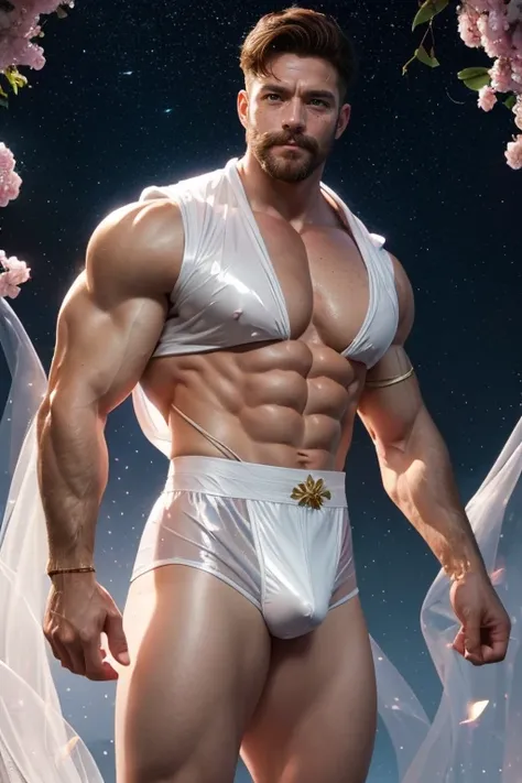 Sailor moon male version , dynamic pose ((muscle man , abs , 50 years old , big bulge , ginger beard , oil , freckles , short hair , Brown eyes , hair chest , wearing a sailor moon outfit in latex plastic)) in white  background (iridescent , lights , stars...